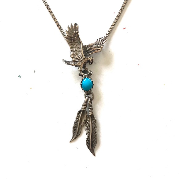 SOLD Navajo Sterling Turquoise Eagle Leaf Pendant - Picture 1 of 5